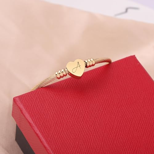 Image of MYNENEY Gold /Rainbow Stainless Steel Bangles Jewery for Birthday Halloween Heart Initial A-Z Letters Bracelets for Girls