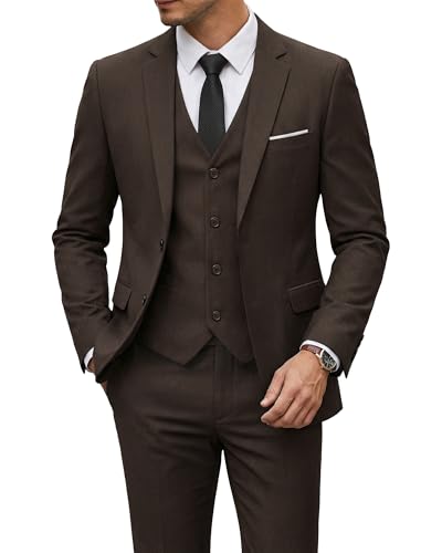 Image of YND Men's 3 Piece Suit with Tie, Solid Color Slim Fit Jacket Vest and Pants