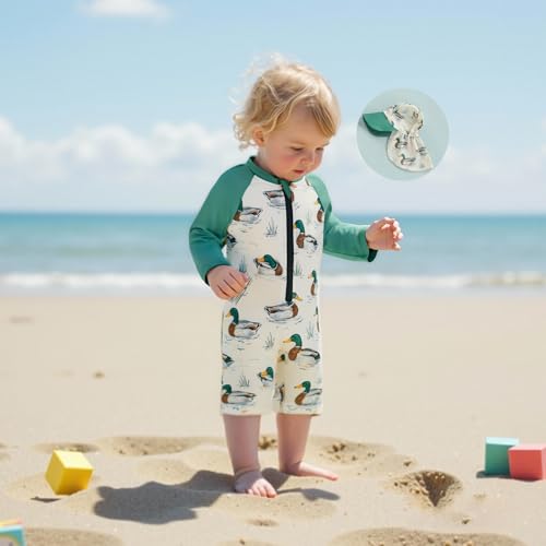 KMBANGI Toddler Baby Boy Mallard Swimsuit Kids Rash Guard Long Sleeve One Piece Bathing Suit Duck Hunting Swimwear with Hat2
