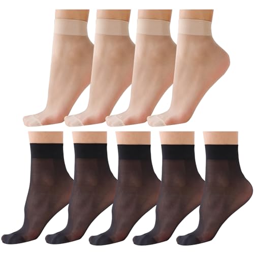 9 Pairs Ankle Sheer Socks for Women 20 Denier Nylon Socks Ladies Black Nude One Size