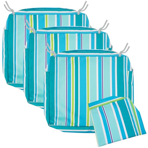 NettyPro Outdoor Cushion Slipcovers Waterproof 20 x 18 inch Patio Furniture Chair Seat Cushion Covers with Zipper and Tie, Replacement Cover Only, Stripes Turquoise