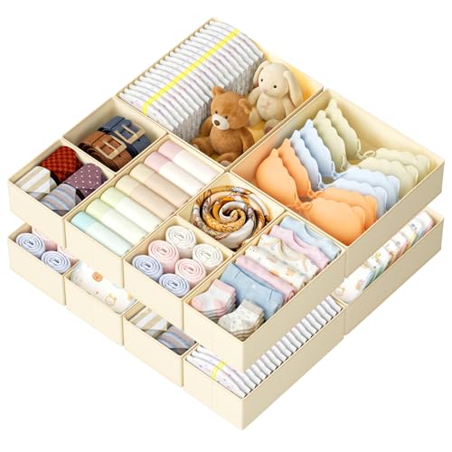 DIMJ Drawer Organisers and Clothes Dividers - 12 Pack Fabric Wardrobe Storage Cubes Foldable Draw Box for Socks Underwear Baby Clothing Ties Nursery Bedroom Chest of Drawers Beige
