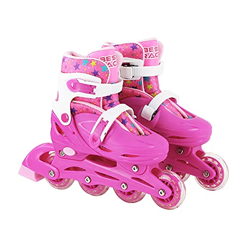 Patins Inline e Triline 4 Rodas Infantil Feminino + Kit de Proteção com Mochila Rosa com Estrelas