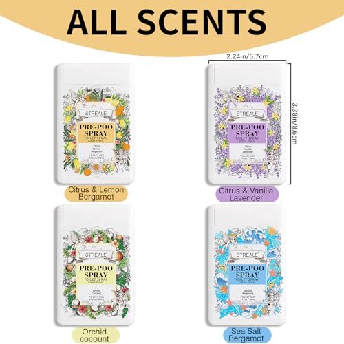 Image of Travel Size Toilet Spray 4-Pack, Travel Essentials Toiletries, Pocket Size Pre-Poo Spray, Bathroom Odor Deodorizer, Up to 240 Uses, 4 Refreshing Scents