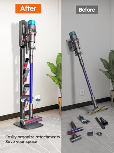 Image of Vacuum Stand for Dyson V16 Gen5 V15 V12 V11 V10 V8 V7 V6 - Stable Metal Holder w /Hidden Cord Management & 4 Hooks, Storage Rack for Dyson Cordless Vacuum & Accessories, Easy Assembly, Dark Gray