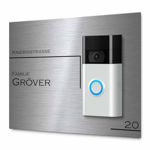 Modernes Klingelschild für Funkklingel Ring Doorbell 2, 3 und 4 - personalisiertes Türschild aus Edelstahl mit Gravur | kompatibel mit Ring Klingel - hochwertiges Funkklingel Zubehör