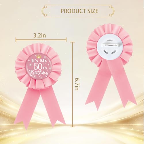 Image of It's My 50th Birthday Tinplate Badge Pin, Crown Happy 50th Birthday Button Pin, Fifty Birthday Pink Rosette Award Ribbon Pin for Women, Brooch Buttons for 50 Years Old Birthday Party Decoration