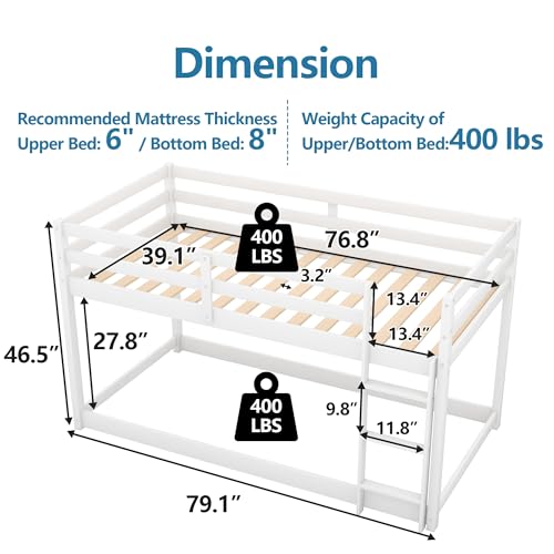 i-POOK Twin Over Twin Bunk Bed, Low Floor Twin Bunk Beds Frame with Ladder & Full-Length Guardrail for Childs, Dormitory and Bedroom, 400LBS Capacity, Easy Assemble, White