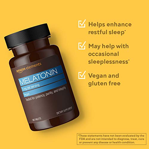 Image of Amazon Elements Melatonin, 3mg, Vegan, Unflavored, 260 Tablets, 8 Month Supply (Packaging May Vary) (Pack of 3)