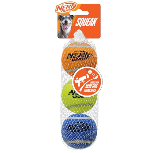 Nerf Dog Tennis Balls with Built-In Squeaker, 2.5-Inch Durable Fetch Toys for Dogs, Blue/Yellow/Orange (3-Pack)