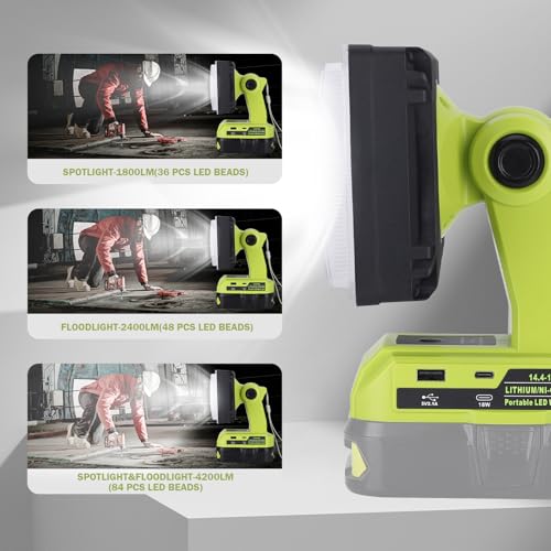 Image of 40W Light for Ryobi 18V Li-ion Battery,4200LM Flashlight with USB A /C Port,110 Degree Pivoting Head,Led Work Light Floodlight Spotlight for One+18V Max Lithium-ion Battery