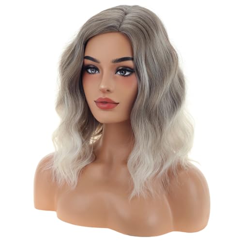 Image of BERON Brown and Platinum Wigs for Womens Short Curly Wavy Wig Girls 14 Inch Ombre Blonde Side Part Wigs Shoulder Length Heat Resistant Synthetic Cosplay Party or Daily Use Wig