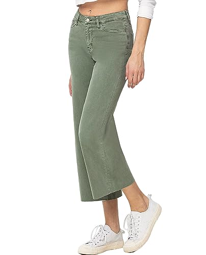VERVET by Flying Monkey Olive Wide Denim Jeans Cropped High-Rise Raw-Cut