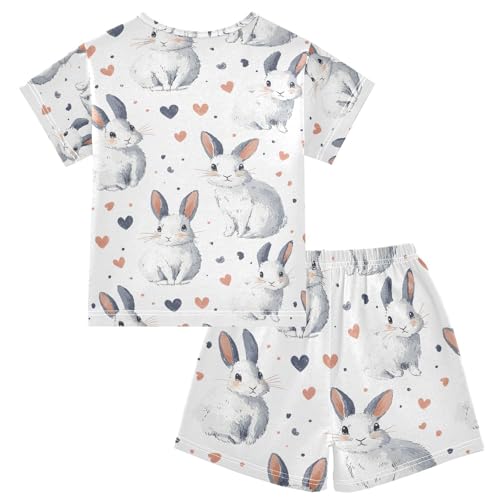 ALAZA Rabbit Bunny Love Cartoon Pajamas Set Short Sleeve Cotton Sleepwear Summer Pjs 2 Piece 5-14Y2