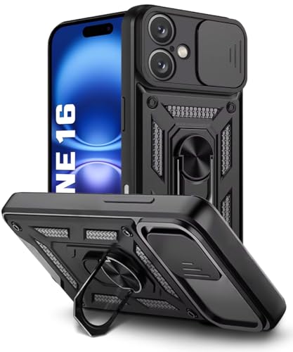 Image of WOW IMAGINE Tough Armor Bumper Mobile Back Case for iPhone 16 | Sliding Camera Shield Cover | Shock Proof 360 Protection | Hybrid PC + TPU | Ring Holder with Kickstand - Black