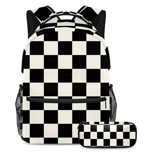 Cartable vintage noir et blanc à carreaux grand format avec trousse assortie
