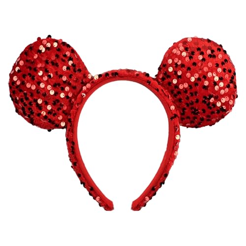 Batsysm 3D Mouse Ears Headband, Red Groom Ears Hairband with Full Sequins, Glittering Photography Headband Fashion Headwear for Women Girls (red ear HD)