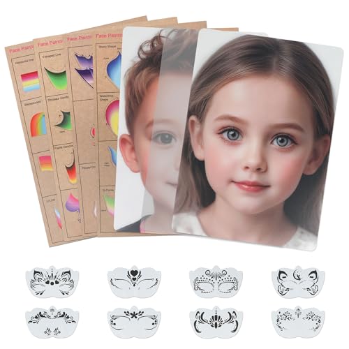 Sandure Reusable Face Paint Practice Board Set 15 Pcs with Various Patterns Face Paint Stencils Washable Face Painting Makeup Exercise Template Colorful A4 Size