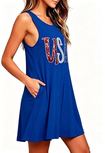 Image of Roshop Womens Juneteenth Flag Sleeveless Dress 4th of July Patriotic Swing Sundress with Pockets