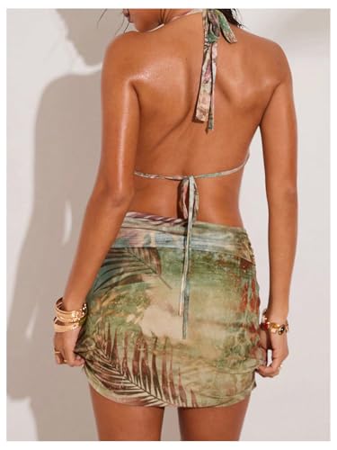 WDIRARA Women's Tropical Cut Out Halter Dress Deep V Neck Backless Bodycon Mini Dresses2