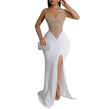 Women's Sexy Rhinestone Dress Thigh-high Slit Bodycon Maxi Long Dress Club Party Dress (013-apricot-XL