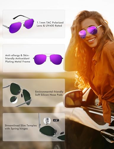 Image of LUENX Aviator Sunglasses for Men Women Polarized - Mirrored Driving uv 400 Protection(Purple Mirrored)