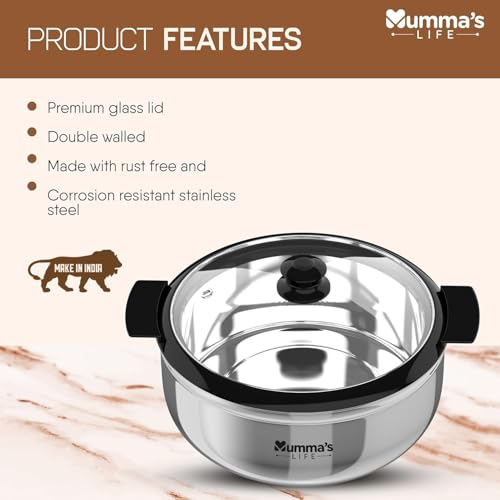 Image of Mumma's LIFE- Stainless Steel Thermoware Casserole with Glass Lid| Hot Pot Roti Box with Lid Set of 2 (Silver, 2500ml X 2pcs)