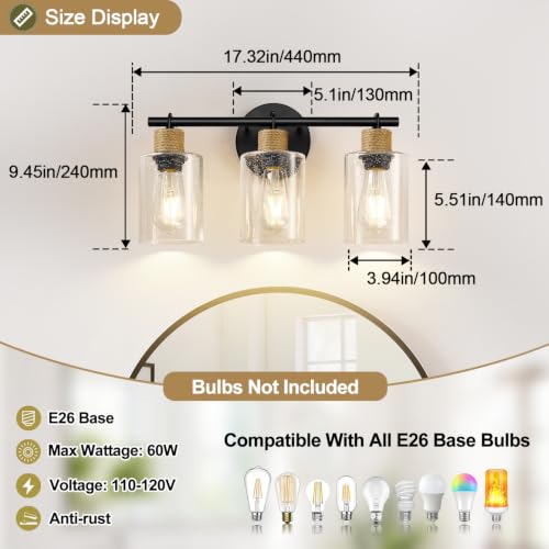 Image of MOKATNG Bathroom Light Fixtures, 3-Light Coastal Vanity Lights with Seeded Glass, Black Bathroom Wall Lamp for Mirror Kitchen Cabinet Hallway