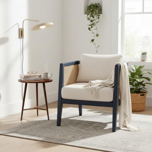 Image of APRODZ Solid Wood Accent Chair for Living Room Mid Century Modern Wooden Upholstered Armchair with Cushion Lounge Chair Cane Back Wooden Frame for Living Room Bedroom Office Seating (Navy Blue)