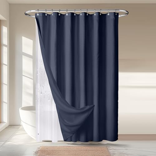 River Dream 3 in 1 Shower Curtain Set, Waffle Fabric Shower Curtain and Waterproof Clear Liner Set with Double Sided Metal Hooks, Navy Blue, 72" W*72" H by River Dream - Used condition - US$22.26
