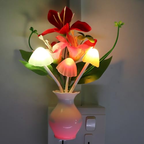 Image of AUSAYE Plug-in Night Light with Auto Light Sensor,RGB LED Mushroom Night Light Wall Red Lily Flower Lamp for Adults Kids Nursery Room,Bedroom,Lounge,Bathroom,Stairs
