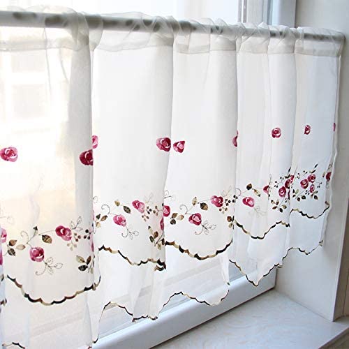 Cortina de cocina de encaje transparente, cenefa de café blanca y gasa corta