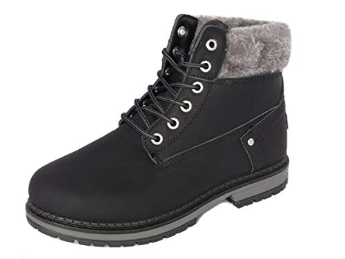 Image of Groundwork Women's Lace Up Ankle Boots Walking Boots Synthetic Leather with Chunky Grip Sole & Faux Fur Collar (6 UK, Black)