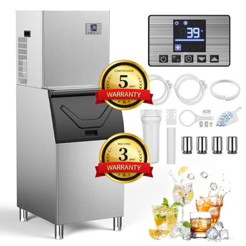 Commercial 550Lbs/24H Ice Maker Machine,Ice Ready in 5-15 min,360Lbs Large Storage,1033W Stainless Steel Electric Nugget Ice Machine with Water line Hook up,12 Steps Ice Thicknesses Adjustable