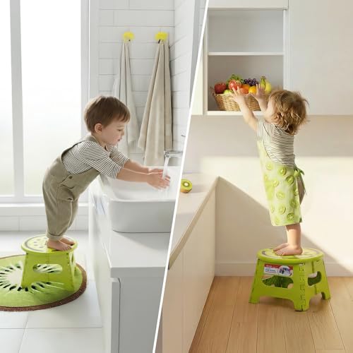 Image of ACSTEP Folding Step Stool 9 Inch, Sturdy Collapsible Step Stool Foldable Up to 265 lbs for Kids Toddlers & Adults, Non Slip Foot Stools with Handle for Kitchen, Bathroom, Bedroom, Outdoor, Kiwi Green