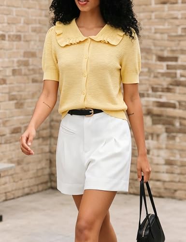 Image of Watashi Womens Ruffle Collar Puff Short Sleeve Cardigan Knit Crop Top | Peter Pan Collar Crochet Knitted Summer Fall Casual Work Wear Sweater