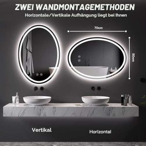 Dripex Badezimmerspiegel mit Beleuchtung Led Badspiegel mit Touch-Schalter, Dimmbar, 3 Lichtfarbe Einstellbare, Beschlagfrei Oval 50 x 70 cm – Ansicht 5