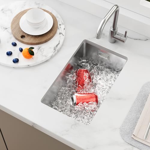 KEOKBON Klein Spüle Nano Silber 25 x 40cm Spülbecken, Kleine Waschbecken Küche ohne Hahnloch, 1 Becken Edelstahl Spüle mit Edelstahl 304 Siebventil und Überlauf, Kitchen Sink