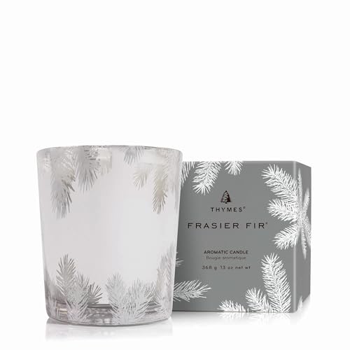 Thymes Frasier Fir Candle – Pine Needle Design – Holiday Candles – Scented Candle – Notes of Crisp Siberian Fir, Cedarwood & Sandalwood – Luxury Home Fragrance – Silver Candle Jar (Statement, 13 oz)