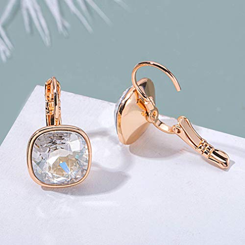Austrian Crystal Square Cushion Drop Leverback Earrings for Women 14K Rose Gold Plated Hypoallergenic Jewelry (White) by EVEVIC - Used condition - Image 5