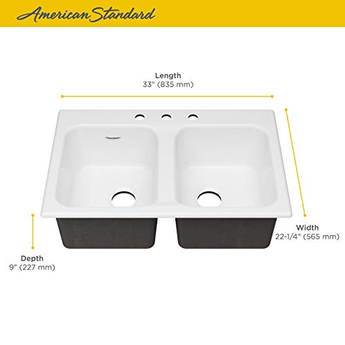 American Standard 77DB33223.308 Quince 33x22 Top Mount Double Bowl Cast Iron Kitchen Sink - 3 Holes Brilliant White by American Standard - Image 3