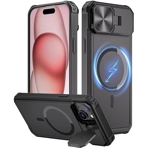 KSWOUS for iPhone 15 Plus Case 6.7" with Stand [Adjustable Camera Stand] [Compatible with MagSafe] Military Grade Heavy Duty Shockproof Armor Case Bumper Cover Magnetic for iPhone 15 Plus Black Cover