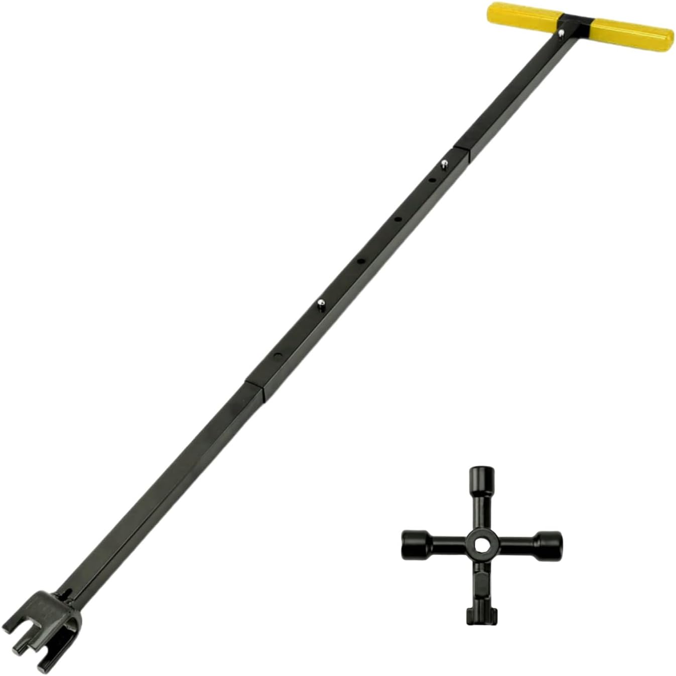 Water Meter Key, 37.4 Inch Multifunctional Shut Off Tool with Folding Steel T Handle, 4-Way Utility Key for Water Meters, Valves, Yellow