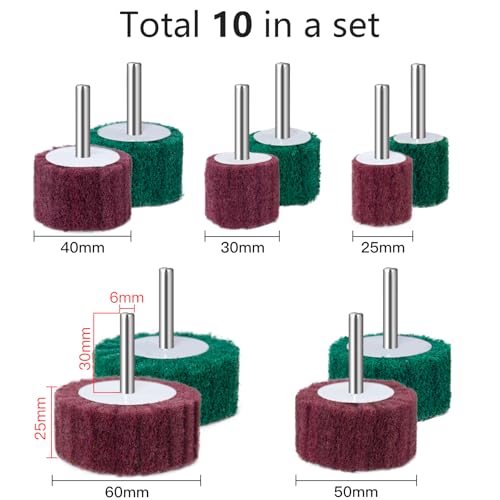FEIHU 10-teilige Schleifscheiben, verschiedene Größen: 60/50/40/30/25mm. Schleifmop-Set, Vlies-Schleifscheiben zum Reinigen und Entfernen von Farbe und Oxid, Fächerschleifer Schaftdurchmesser: 6 mm
