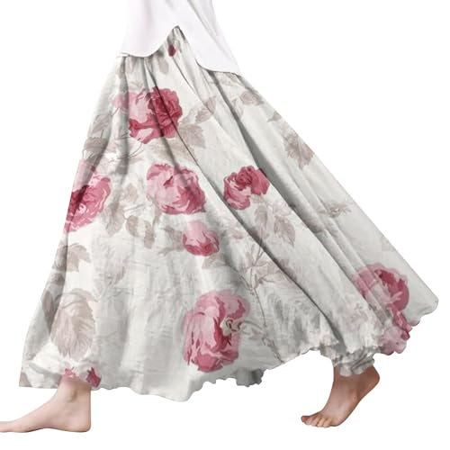 Luckywaqng Bahnen Faldas Falda larga de lino estampada en forma de abanico de moda para mujer con dobladillo grande Minifalda azul, Blanco, S
