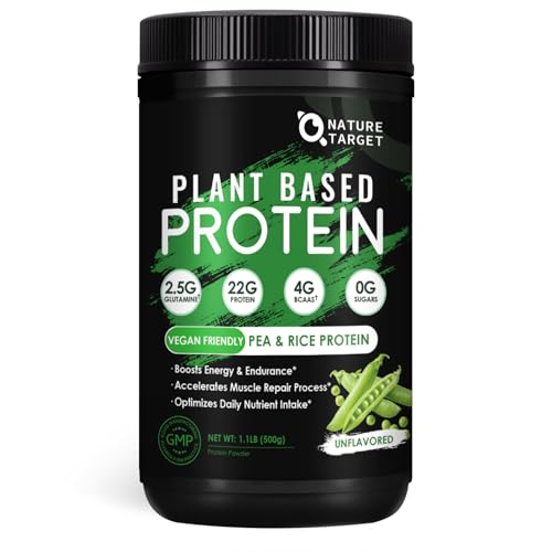 NATURE TARGET Plant Based Protein Powder Unflavored - Vegan Pea Protein Powder with Digestive Enzymes 22g Protein 4g BCAAs 0 Sugar Dairy Free 1.1 Lbs (16 Servings)