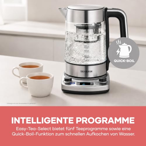 Foto von SEVERIN Tea Maker mit Auto-Liftfunktion, Wasserkocher mit Temperatureinstellung und Quick-Boil-Funktion, Glas Wasserkocher für bis zu 1,7 l Wasser oder 1 l Tee, Edelstahl gebürstet/schwarz, WK 3422