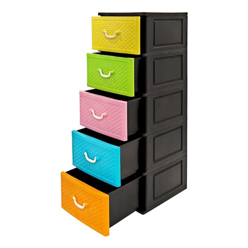 ABBAware Kommode 44x50x127 cm mit 5 großen XXL Schubladen, 40 Liter pro Schublade, die Fronten in schönen Candyfarben und moderner Weave-Optik der Umwelt zuliebe aus recyclebarem PP Kunststoff