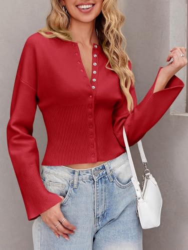Image of Saodimallsu Womens Cropped Sweaters Cardigan | Button Down,Long Sleeve,V Neck,Ribbed Knit,Slim Fit ,Pullover Crop Tops