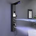 ROVATE LED Shower Panel Tower System with Shelf - Matte Black Rainfall Waterfall Shower Tower with Mist and Massage Body Jets, Handheld, Tub Spout, Powerful Shower Column Stainless Steel